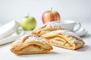Close-up of two puff pastries with powdered sugar, apple filling and apples in the background photo