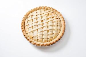 Homemade apple pie with a lattice crust on a white background photo