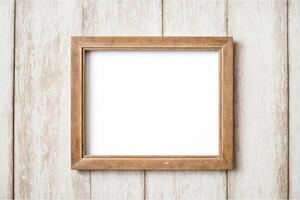 Blank Rustic Wooden Frame on Whitewashed Wood Wall photo