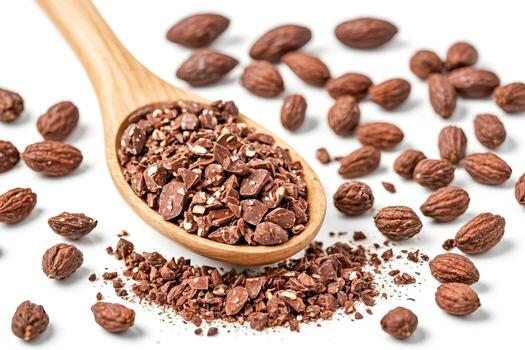 Close-up of Cocoa Nibs and Whole Cocoa Beans photo