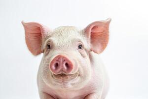 Close Up of Piglet with Pink Nose and Big Ears on White Background photo