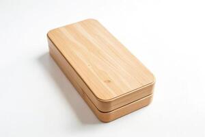 Wooden box with lid on a white background photo