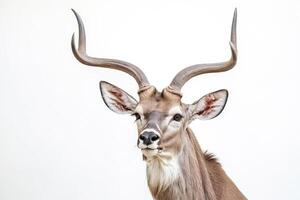 Close-up Portrait of a Kudu with Large Spiral Horns Against a White Background photo