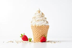 Ice cream cone with strawberries and sprinkles on white background photo