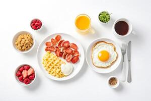 Breakfast Table Still Life with Waffles, Strawberries, and a Fried Egg photo