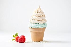 Vanilla and Mint Ice Cream Cone with Raspberries and White Chocolate Shavings photo
