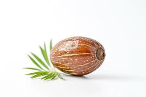 Single Shea Nut with Green Leaves on White Background photo