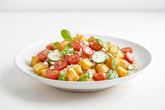 de cerca de un delicioso ensalada con Cereza Tomates, pepino, y picatostes foto