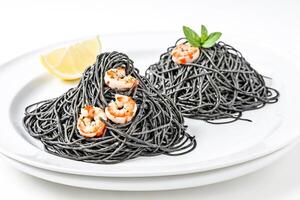 Black Squid Ink Spaghetti with Prawns and Lemon photo