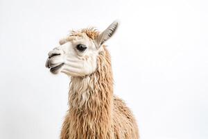 Close-up of a fluffy llama with a white background photo