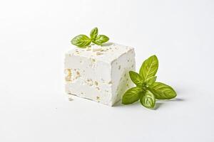Cube of Feta Cheese with Basil Leaves photo