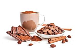 Cocoa beans, chocolate, cocoa powder and cinnamon sticks on white background photo