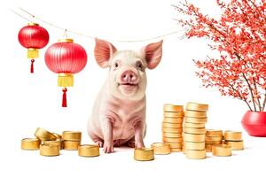 Pig with Gold Coins and Red Lanterns photo