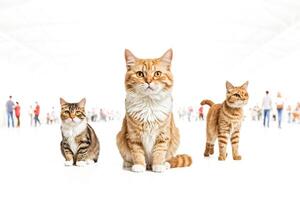 Three Cats Posing in Front of a Blurred Crowd photo