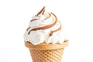 Closeup of Vanilla Ice Cream Cone with Chocolate Swirls photo