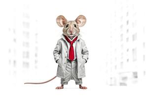 A Mouse in a Suit Standing in Front of a Building photo