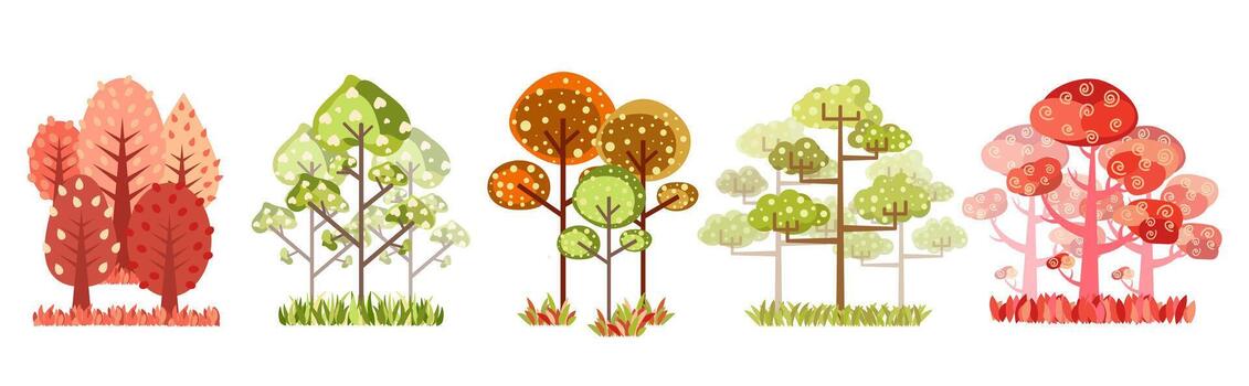 set of five autumn flat simple colorful trees on the white background. illustration with group of autumn trees vector