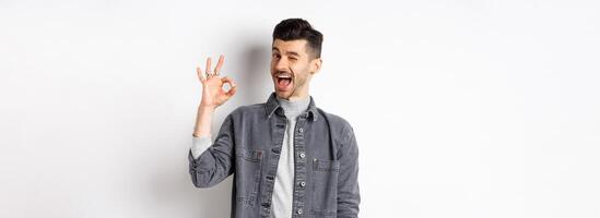 Excited handsome guy with moustache, winking and showing okay sign, smiling pleased, assure all good, praise nice work, making good job gesture, standing against white background photo