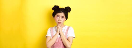Sas asian girl holding hands in pray, pleading god, looking up and begging, standing on yellow background photo