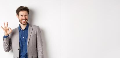 Everything okay. Cheerful businessman in suit winking and showing OK sign, smiling assertive, guarantee quality, praise good choice, standing on white background photo