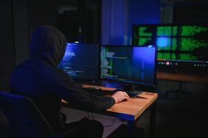 Wanted hackers coding virus ransomware using laptops and computers. Cyber attack, system breaking and malware concept photo