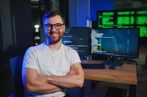 IT technician person with technology for typing code, future and data analytics photo