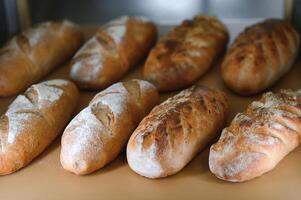 Freshly baked bread on bakery shelves. Bread diversity in bright light. Breads with a golden crust on wooden shelves photo