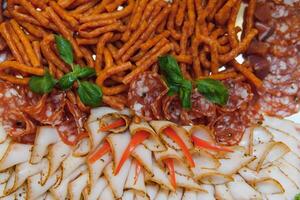 Meat and cheese appetizers. Antipasti and catering platter with different meat and cheese products. photo