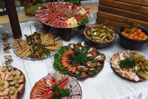 Meat and cheese appetizers. Antipasti and catering platter with different meat and cheese products. photo