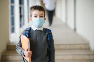 Little schoolboy wearing a mask during an outbreak of corona and influenza virus, protection against diseases for children, Mask for the prevention of coronavirus. photo