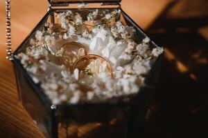 Elegant wedding rings for the bride and groom on a black background with highlights, macro, selective focus. photo