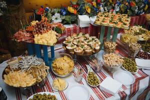 various dessert with fresh fruit on buffet line, sweet. photo