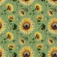 seamless pattern of watercolor sunflowers buds leaves stems on a vector
