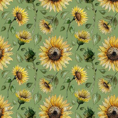 seamless pattern of watercolor sunflowers buds leaves stems on a