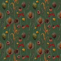 seamless pattern herbs, pine cone, branches, rowan berries, on green background vector