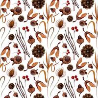Seamless pattern autumn elements, pine cone, acorn, grass, branches, rowan berries, samara, on a white background. Suitable for creating printed fabric, wrapping paper, notebook covers, and more. vector
