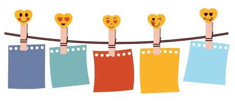 Cute clothes pegs with smiley hearts and a set of colourful paper leaves for notes. Colourful paper hanging on a string vector