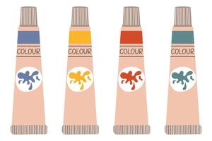 Paint tubes funny set, oil paint, acrylic, gouache or watercolour. Trendy modern illustration, isolated on background, hand drawn, flat vector