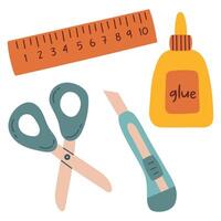 Cute flat stationery set. Scissors, ruler, box cutter, glue. Back to school. Trendy modern illustration, isolated on white, hand drawn vector