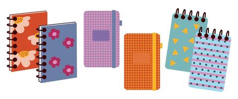 Paper notebooks, diaries, diaries for note taking. Planners, organizers and scrapbooks for plans, notes. Back to school vector