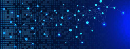 Abstract connecting dots and lines with digital pixels on blue technology background. Global network connection and communication vector