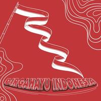Flat red background with waving white lines and waving indonesian flag design. Typography of Dirgahayu Indonesia in simple 3d design that means is long live Indonesia vector