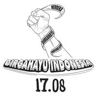 Hands holding cloth that says Merdeka and Dirgahayu Indonesia with text underneath that also says Dirgahayu Indonesia. merdeka mean is Independence and Digahayu mean is long live vector
