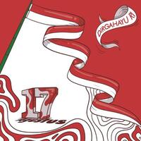 Typography number of 17 in red white texture hand drawn design with waving long indonesian flag. white banner with dirgahayu RI text means is long live republic Indonesia. Agustus means is August vector