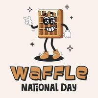 National waffle day banner template. Groovy waffle character in retro style. Holiday concept. Sweets mascot character. Design for background, banner, placard, card, and web. Bakery pastry product vector