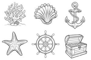 Set of sketches of sea plants and objects. Reef, chest, shell vector