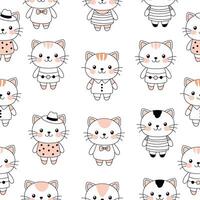 Cute kawaii kitten in clothes pattern on a white background. vector
