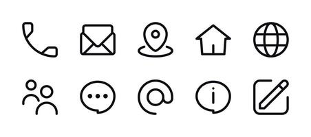Contacts Icon Set - Envelope, Placeholder, Chat Bubble, Info, Home Address, Globe, Phone Call, User Group, Edit vector