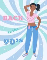 A4 poster with a girl in a tracksuit with a retro-style phone. 90 characters. y2k characters. Fashion of the 90s. vector