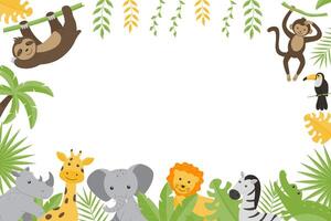 Childrens horizontal frame with the image of wild jungle animals. vector